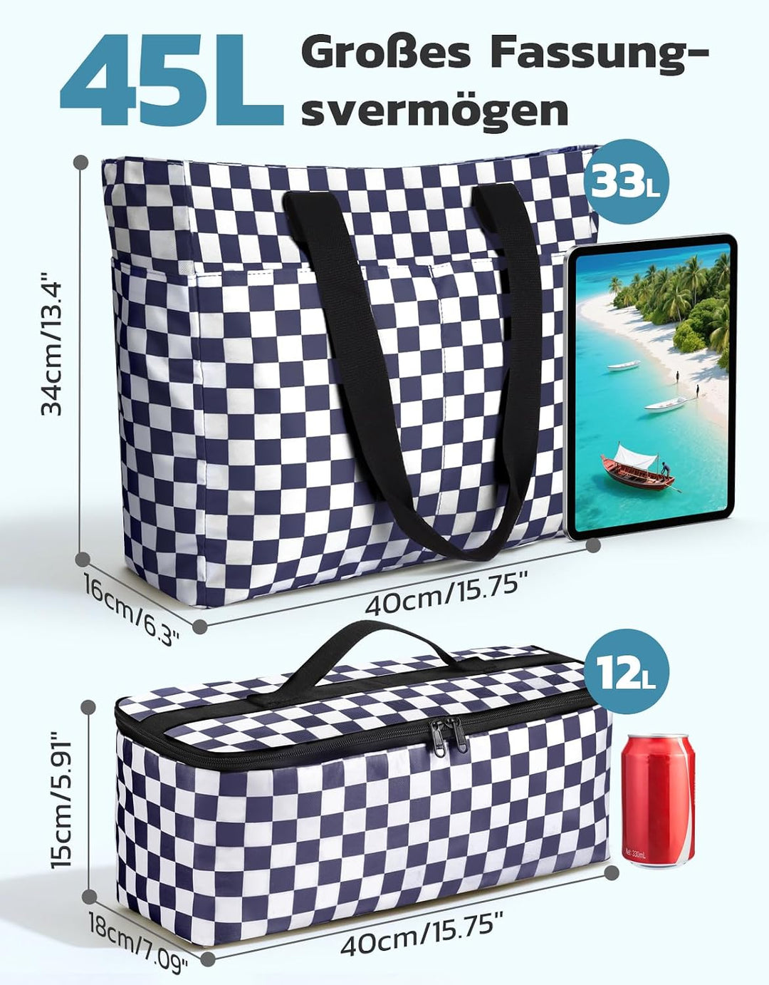 ISEYOU Strandtasche XXL Familie mit Kühltasche, Gross Strandtasche mit Reissverschluss Wasserdicht S