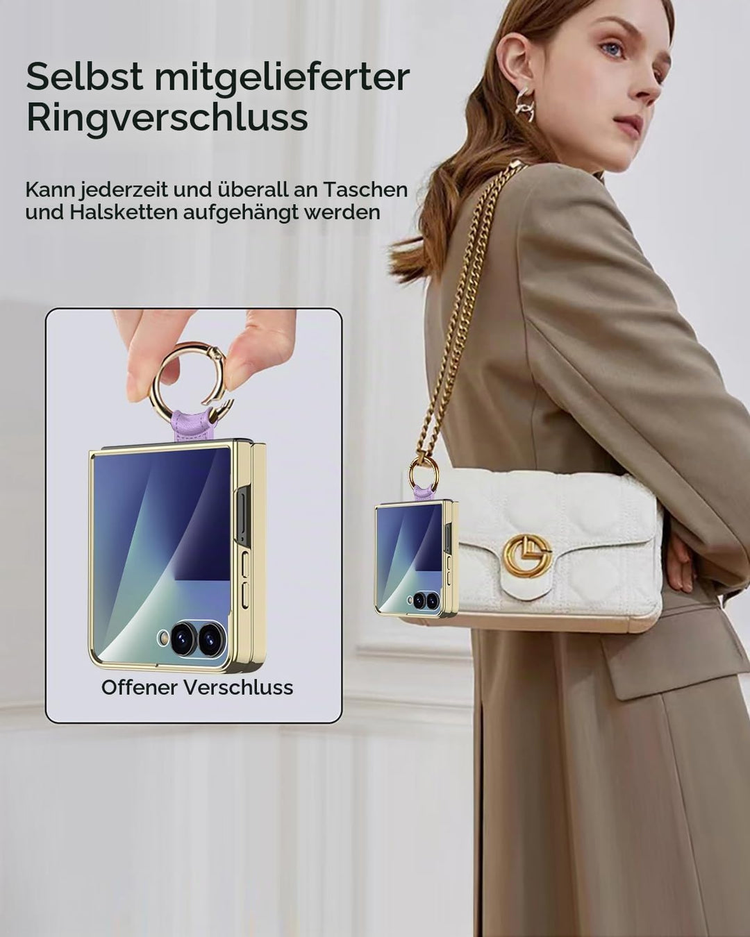 Miimall Lederhülle Kompatibel mit Samsung Galaxy Z Flip 7 Hülle mit Band+Ring Ständer [HD Displaysch