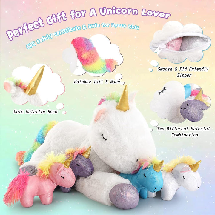 MorisMos Einhorn Kuscheltier XXL mit 4 Babys im Bauch, gross Einhorn Plüschtier Stofftier, riesen gr