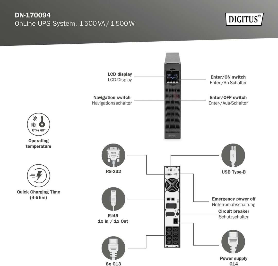 DIGITUS OnLine USV-System - 1,5 kVA / 1,5 kW - 19-Zoll 2HE Montage - Echte Doppelwandler-Technologie