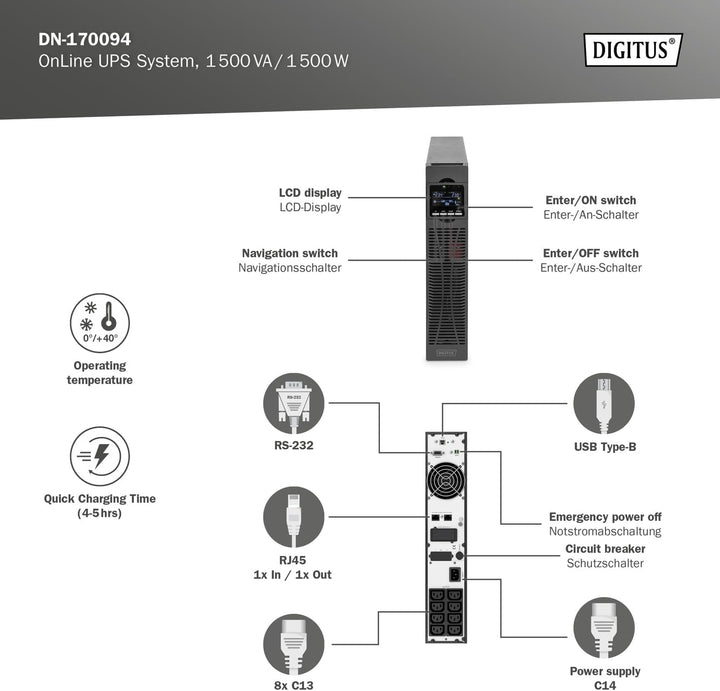 DIGITUS OnLine USV-System - 1,5 kVA / 1,5 kW - 19-Zoll 2HE Montage - Echte Doppelwandler-Technologie