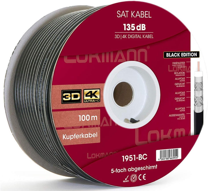 LOKMANN 100m Reines-Kupfer 135dB 5-Fach geschirmt Koaxialkabel Koax Sat Kabel Antennenkabel TV Cable