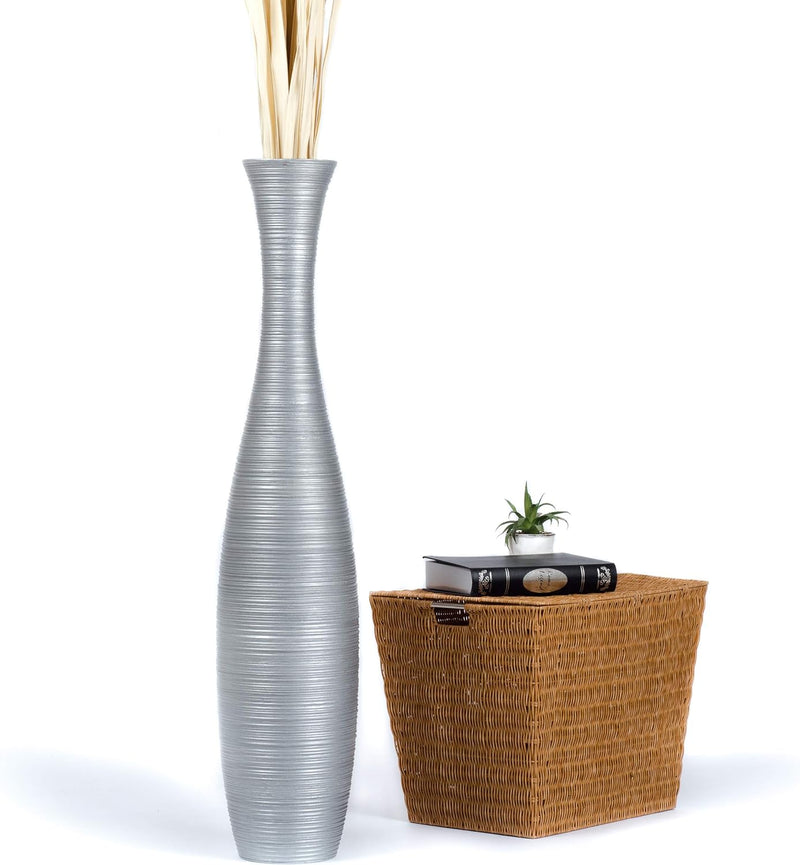 Leewadee Grosse Bodenvase für Dekozweige hohe Standvase Design Holzvase, Holz, 110 cm, Silber 110 cm