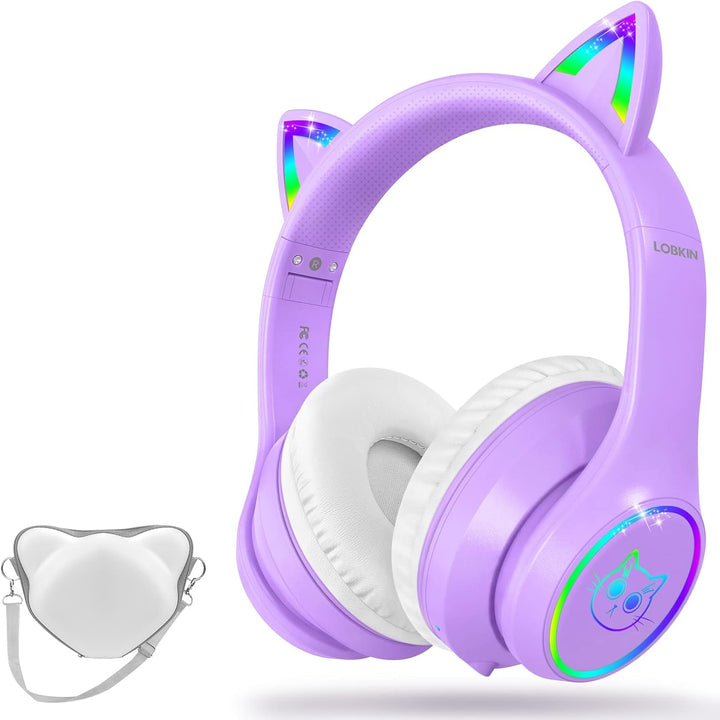 LOBKIN Bluetooth 5.3 Kinder Kopfhörer mit Tasche - RGB LED-licht Katzenohren Faltbare Stereo Headset