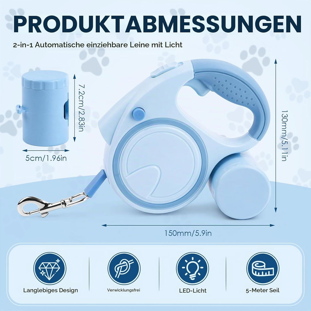 Hundeleine 5m, Ausziehbare Rollleine für Hunde mit LED-Licht und Kotbeutelhalter, 360° Verknotungsfr