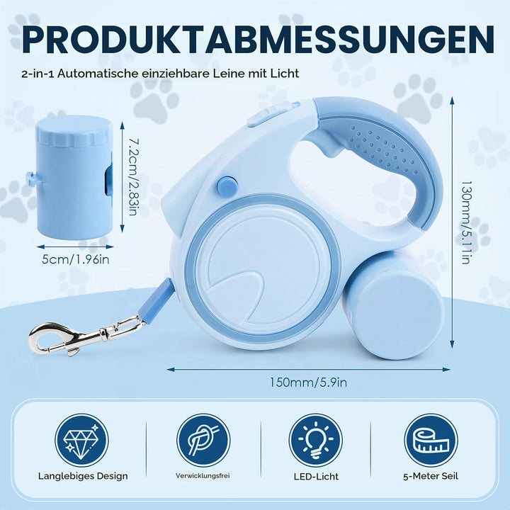 Hundeleine 5m, Ausziehbare Rollleine für Hunde mit LED-Licht und Kotbeutelhalter, 360° Verknotungsfr