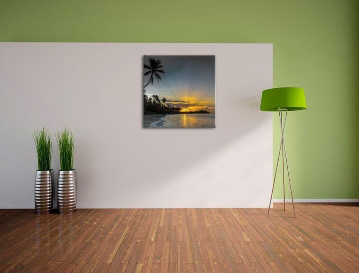 Pixxprint schöner Strand beim Sonnenuntergang schwarz/weiss, Format: 70x70 auf Leinwand, 70x70
