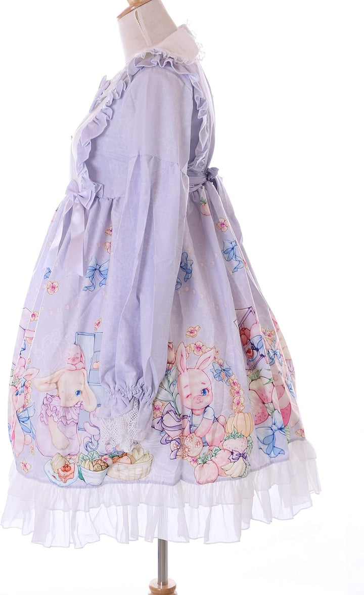 JSK-76-2 Lila Erdbeer Obst Hase Blumen Schleife Langarm Kleid Pastel Goth Lolita Cosplay Kostüm Kawa
