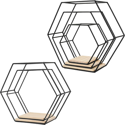 Hexagon Wandregal Ablage aus Holz Metall, 5 Grössen Hängeregal Schweberegal Gitterregal Wanddeko Dek