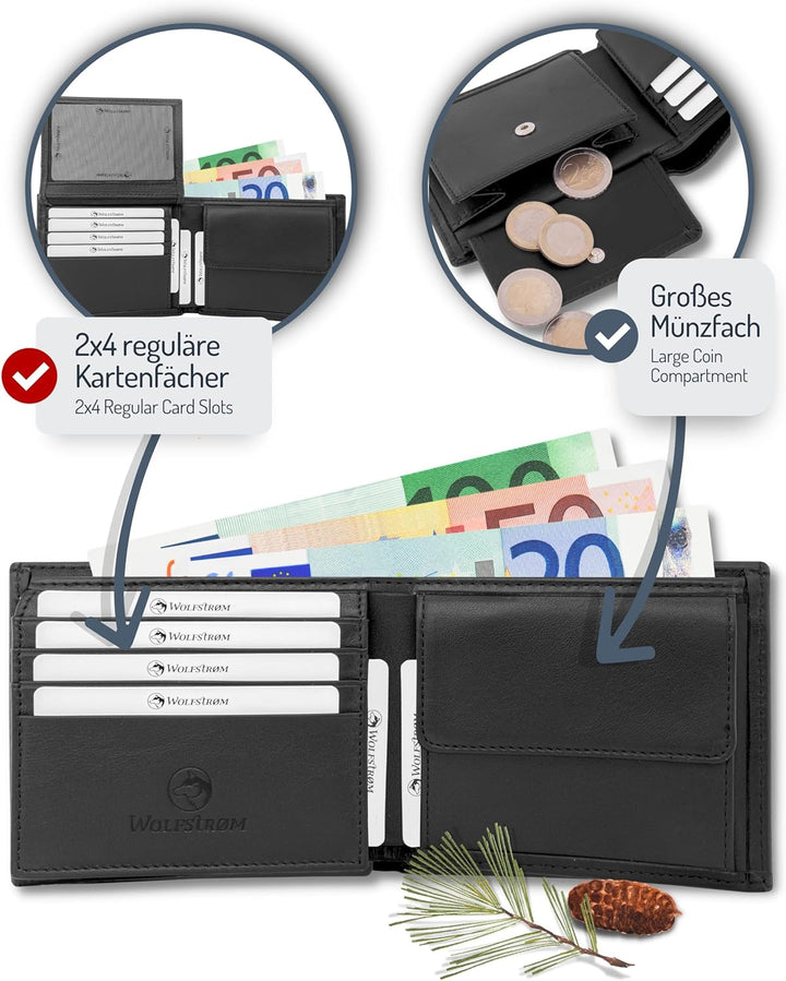 Wolfstrøm Geldbörse Herren Leder 'Nørge XL' – Tri-Fold Herren-Portemonnaie RFID-Blocker – 8 Karten-F