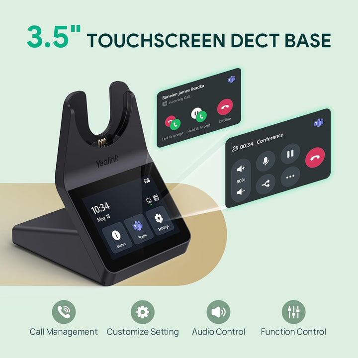 Yealink WH64 Pro DECT & Bluetooth Wireless Headset, 3.5" Touchscreen, Mono Kabelloses Headset, 185 m