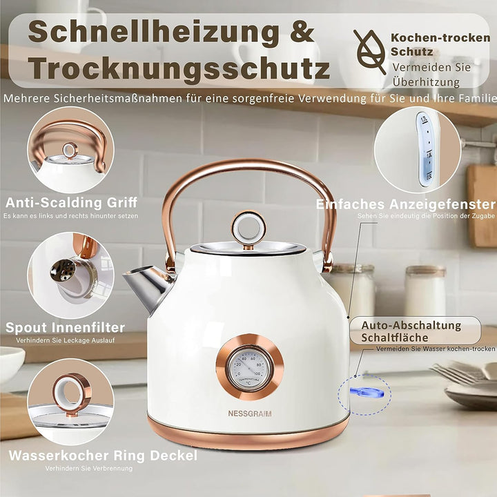 NESSGRAIM Retro Wasserkocher, 1,7 l Edelstahl-Teekessel mit Grosser Temperaturanzeige, 2200W Schnell