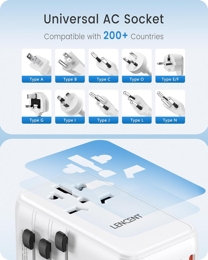 LENCENT Universeller Reiseadapter 100W GaN3 Internationaler Reisestecker mit 2 QC4,0 USB-A+2 PD3,0 T