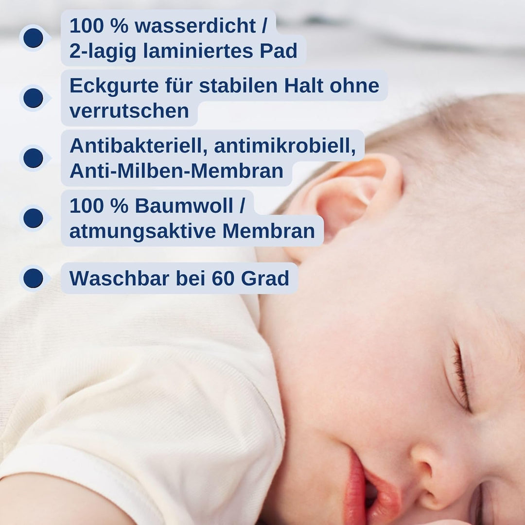 Snibbs wasserdichtes Spannbetttuch mit Eckgurten, wasserdichte Matratzenauflage fürs Babybett, Matra