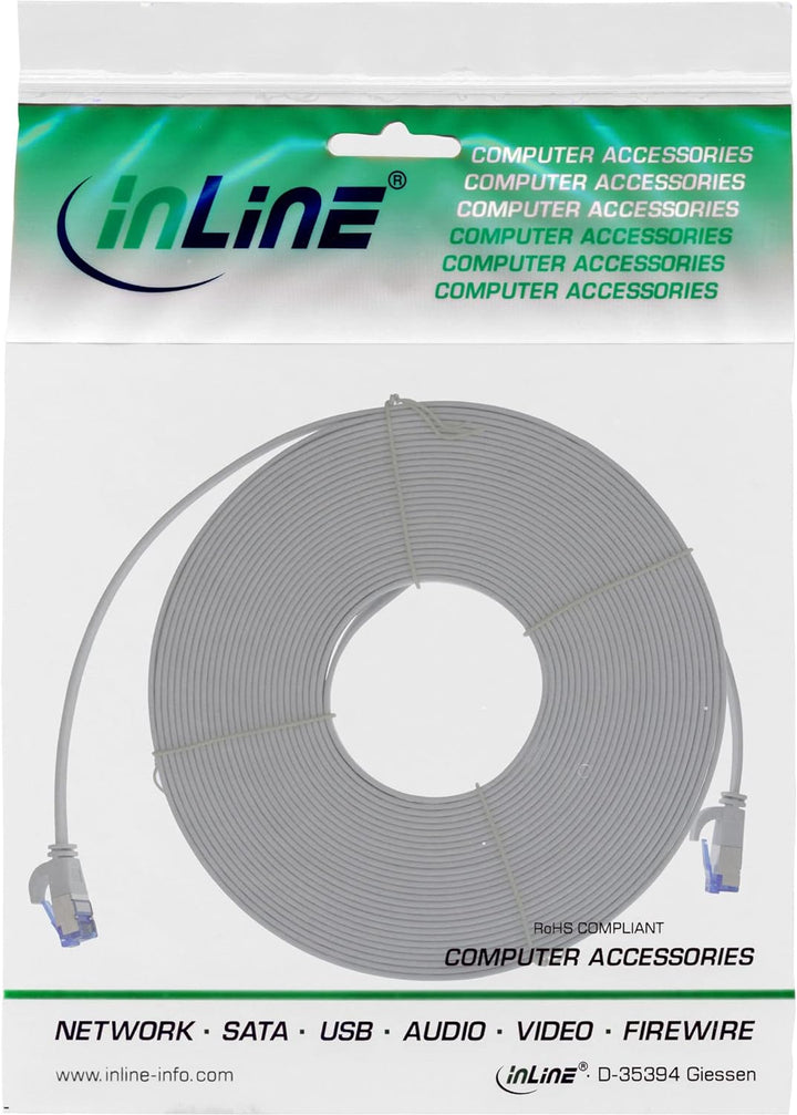 InLine® Patchkabel flach, U/FTP, Cat.6A, TPE halogenfrei, grau, 20m