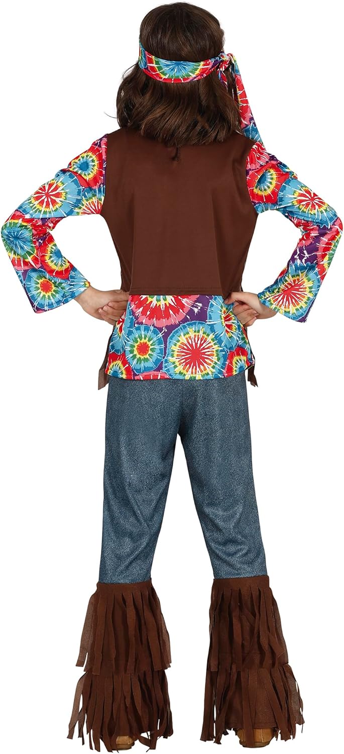 FIESTAS GUIRCA Happy Hippie Mädchen Kostüm – 70er Jahre Outfit mit Hippie–Stirnband, buntem Batik Ob