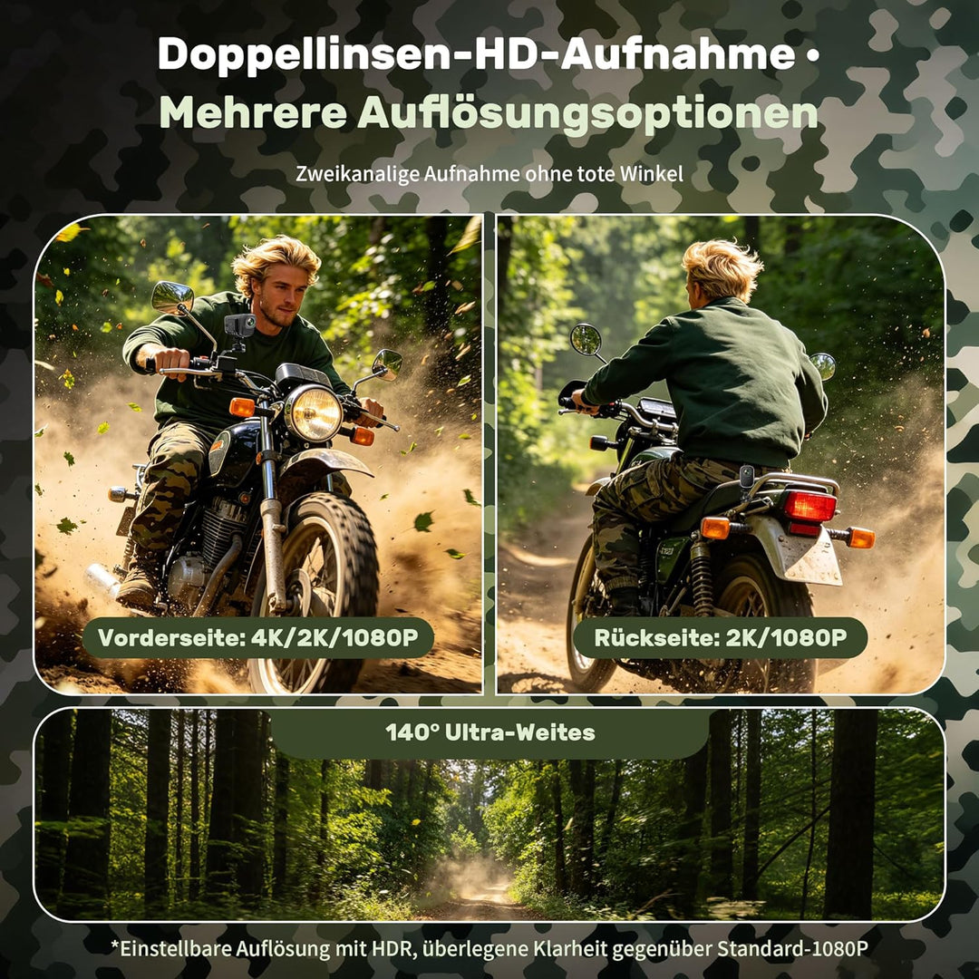 Action Cam 4K+1080P,Dashcam Motorrad,120° Weitwinkel Helmkamera Motorrad,Dashcam Auto vorne hinten m