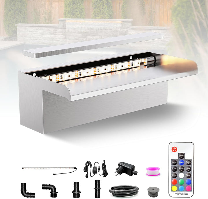 Longrun 30cm Teich Wasserfall Klingen Set, 304 Edelstahl Wasserfall mit 7 Farben LED und Fernbedienu