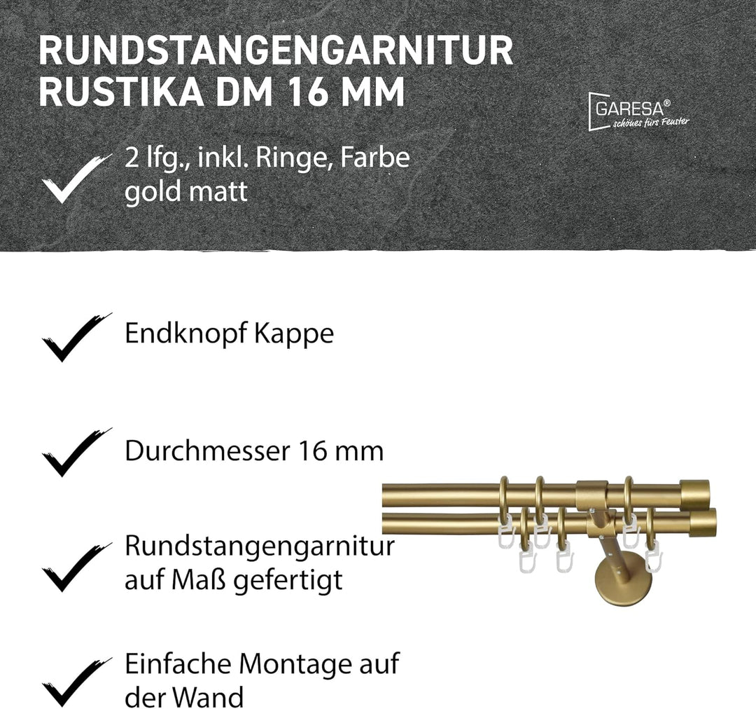 Garesa Gardinenstange Rustika Ø 16mm, 2-läufig, Gold, matt I Rustikale Vorhangstange aus Metall inkl