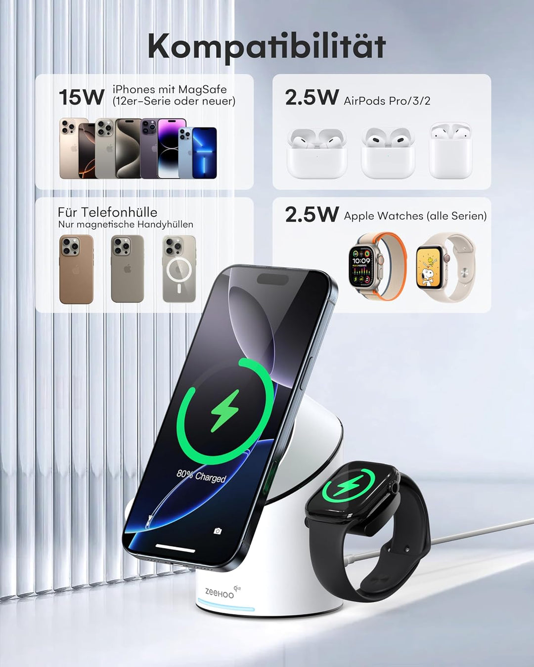 ZEEHOO 3 in 1 Ladestation für Apple Magsafe Ladegerät, 15 W QI 2 Ladestation Wireless Charger für iP