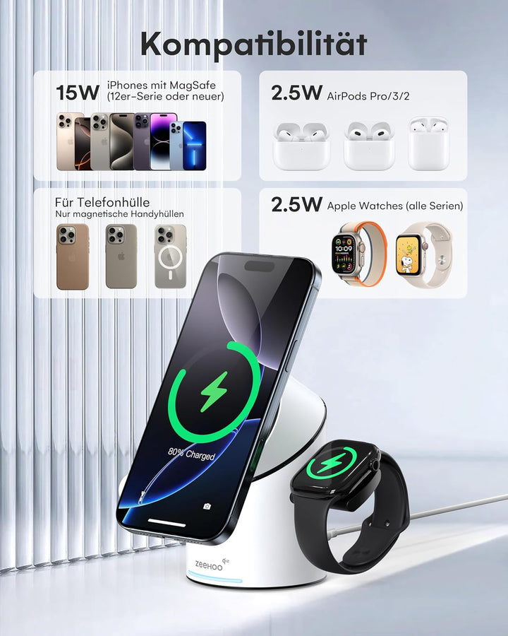 ZEEHOO 3 in 1 Ladestation für Apple Magsafe Ladegerät, 15 W QI 2 Ladestation Wireless Charger für iP