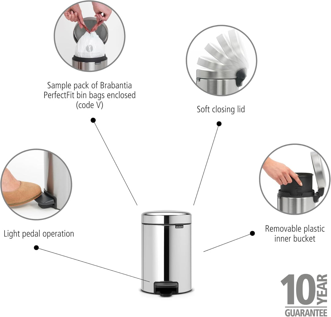 Brabantia 113147 GG172 Treteimer mit Inneneimer aus Kunststoff, stahl, Brilliant Steel, 3,Liter 3 Li