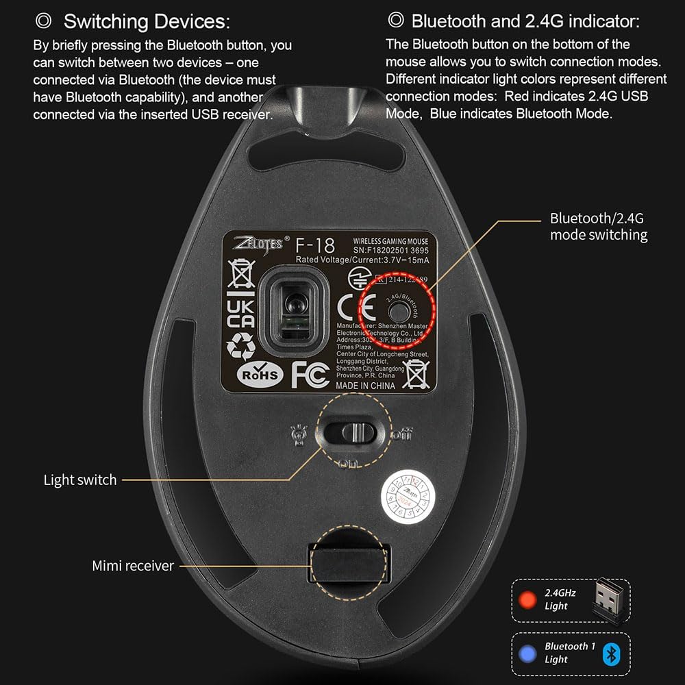 zelotes Kabellose Bluetooth Maus mit Joystick,24.000 DPI,11 Programmierbare Tasten, RGB,USB Optische