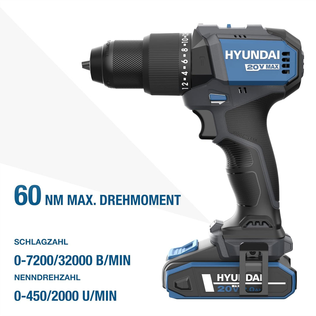 HYUNDAI Akku-Schlagbohrschrauber HD20X-60-2A2 | 20V, bürstenloser Motor, 60 Nm, 13mm Metallbohrfutte