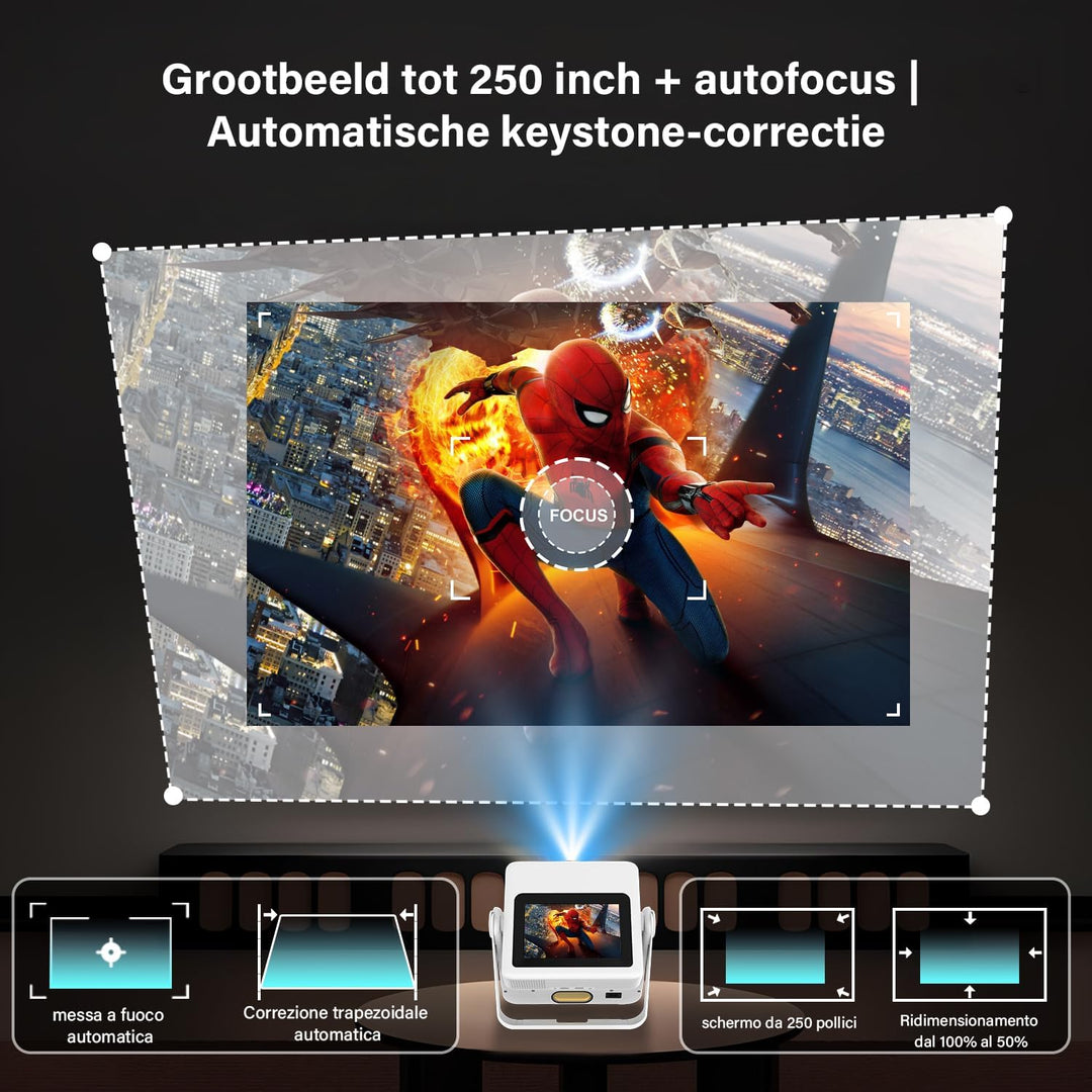 Smart Mini Beamer 4K-Unterstützung mit Touchscreen, 1100ANSI Outdoor Projektor, Autofokus & Trapezko