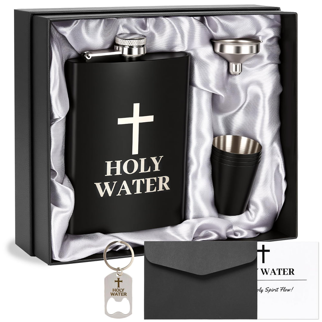 Flachmann mit Gravur "Holy Water" 8oz Edelstahl Geschenkset für Männer, Lustiger Whiskey Flachmann S