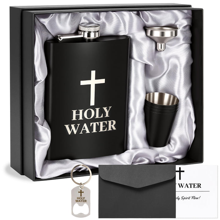 Flachmann mit Gravur "Holy Water" 8oz Edelstahl Geschenkset für Männer, Lustiger Whiskey Flachmann S