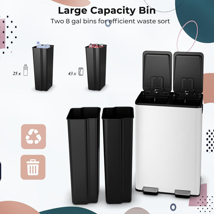 LIFEZEAL 60 L Mülleimer, Abfalleimer für Mülltrennung mit 2 Fächern, Müllsammler mit Deodorant, Deck