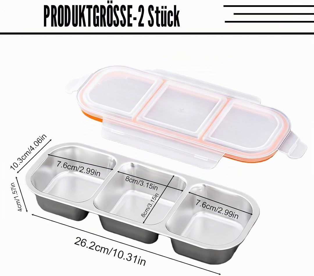 Snackbox Edelstahl 2 Stück mit 3 Fächern 600ml – Auslaufsichere Bento Box Metall mit Deckel, Brotdos