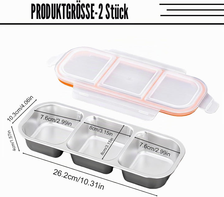 Snackbox Edelstahl 2 Stück mit 3 Fächern 600ml – Auslaufsichere Bento Box Metall mit Deckel, Brotdos