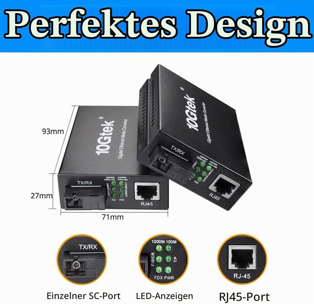 H!Fiber.com EIN Paar Gigabit Ethernet LWL Medienkonverter, Built-in Bidi Singlemode Simplex SC Trans