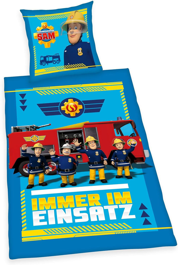 Herding Bettwäsche-Set, Feuerwehrmann Sam, Kopfkissenbezug 80 x 80 cm mit Knöpfen und Wende-Motiv, B
