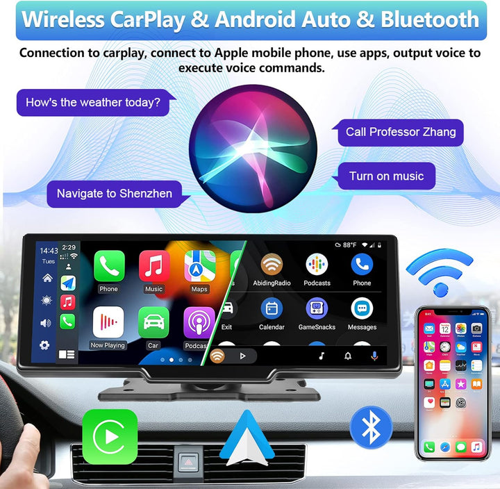 Podofo Wireless Apple Carplay & Android Auto Tragbares Autoradio mit 9,3 Zoll Bildschirm Stereo, Dra