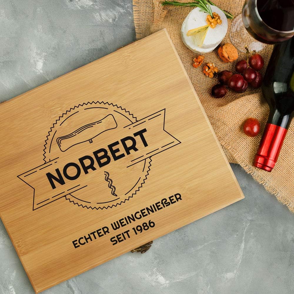 Maverton Weinöffner-Set personalisiert Weinset Sommelier Set - Geschenkbox Holzbox + 8er Weinzubehör