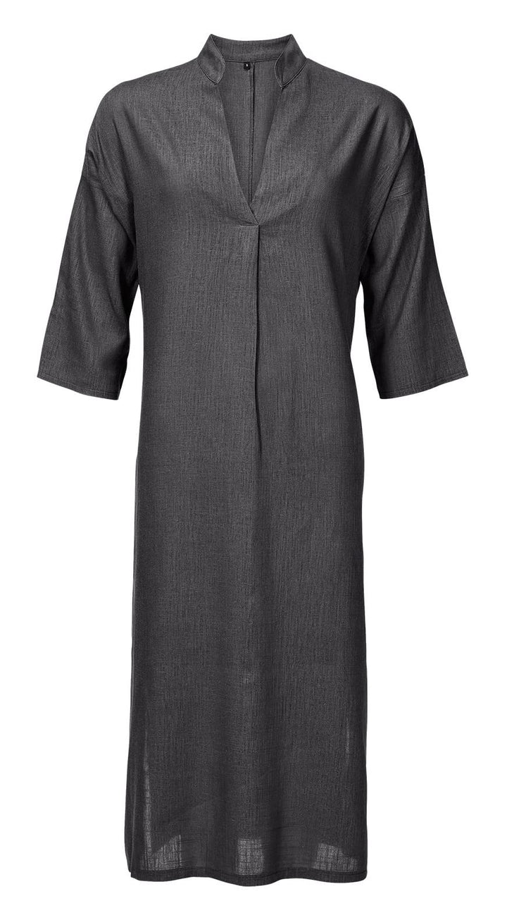 hochwertiges Leinenkleid Knielang mit V-Ausschnitt, Kellerfalte vorne, seitlich geschlitzt und seitl