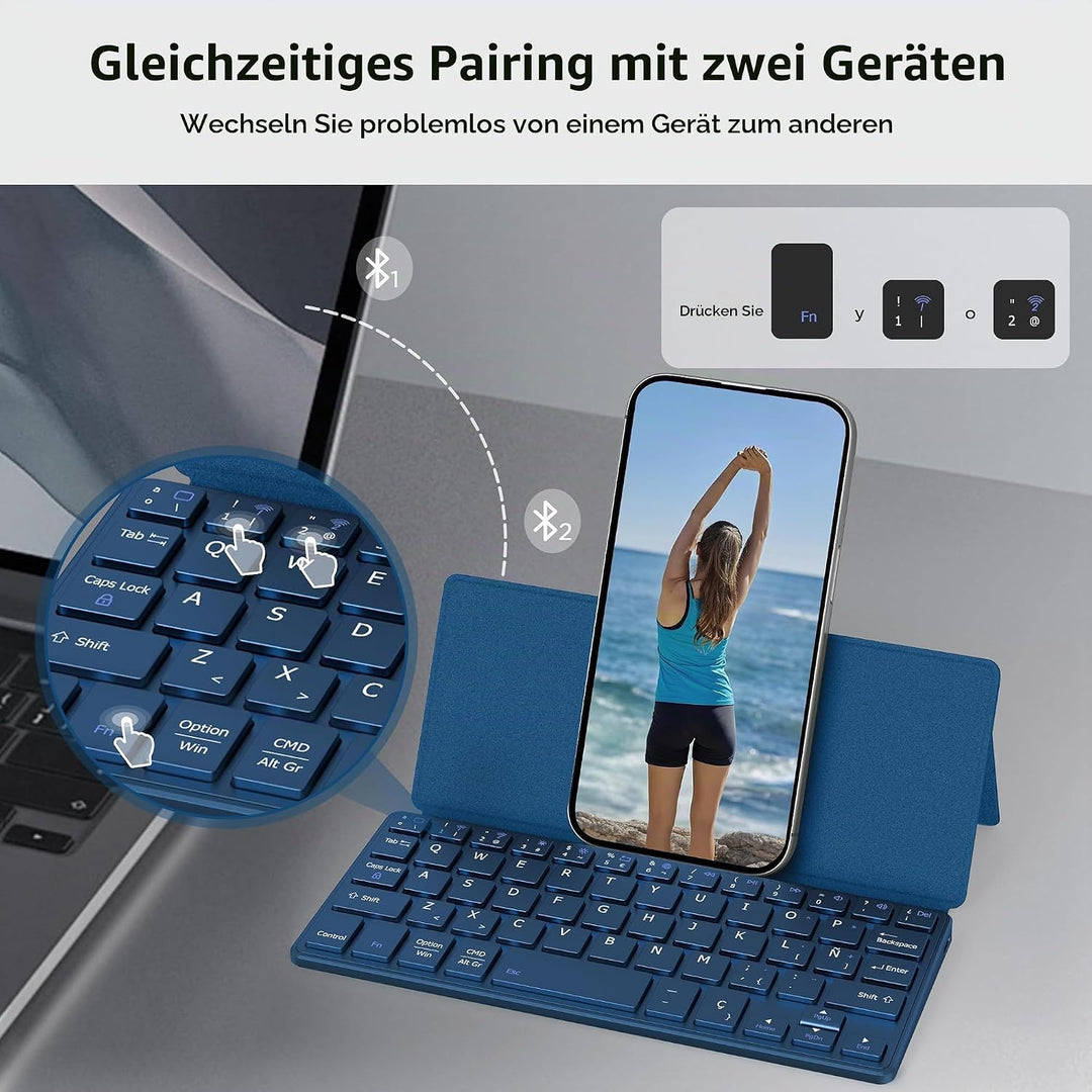 CACOE Bluetooth Tastatur mit Ständer, Mini Tastatur für Handy, Ultraflache Tragbare, Faltbare, Dual-