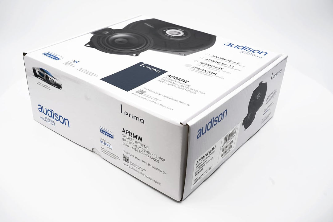 Audison APBMW K4M – 2-Wege-System für BMW/MINI mit 100-mm-Mitteltöner, Hochtöner und Weiche, 100W Pe