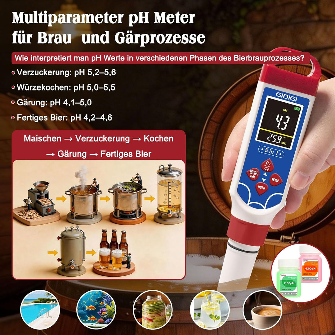 Digitales Schwimmbad-Salzgehaltsmessgerät, 5-in-1 pH- und TDS-Messgerät, geeignet für Meerwasser-Sch