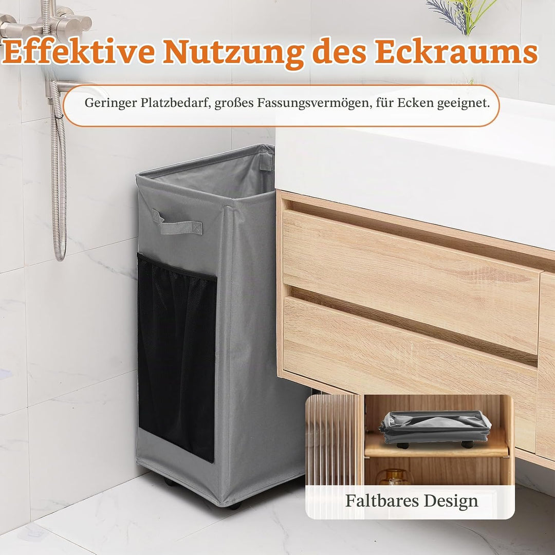 84L Wäschekorb mit Rollen und Netztaschen, Dunkelgrau Wäschekorb Schmal aus 600D Oxford-Stoff, Freis