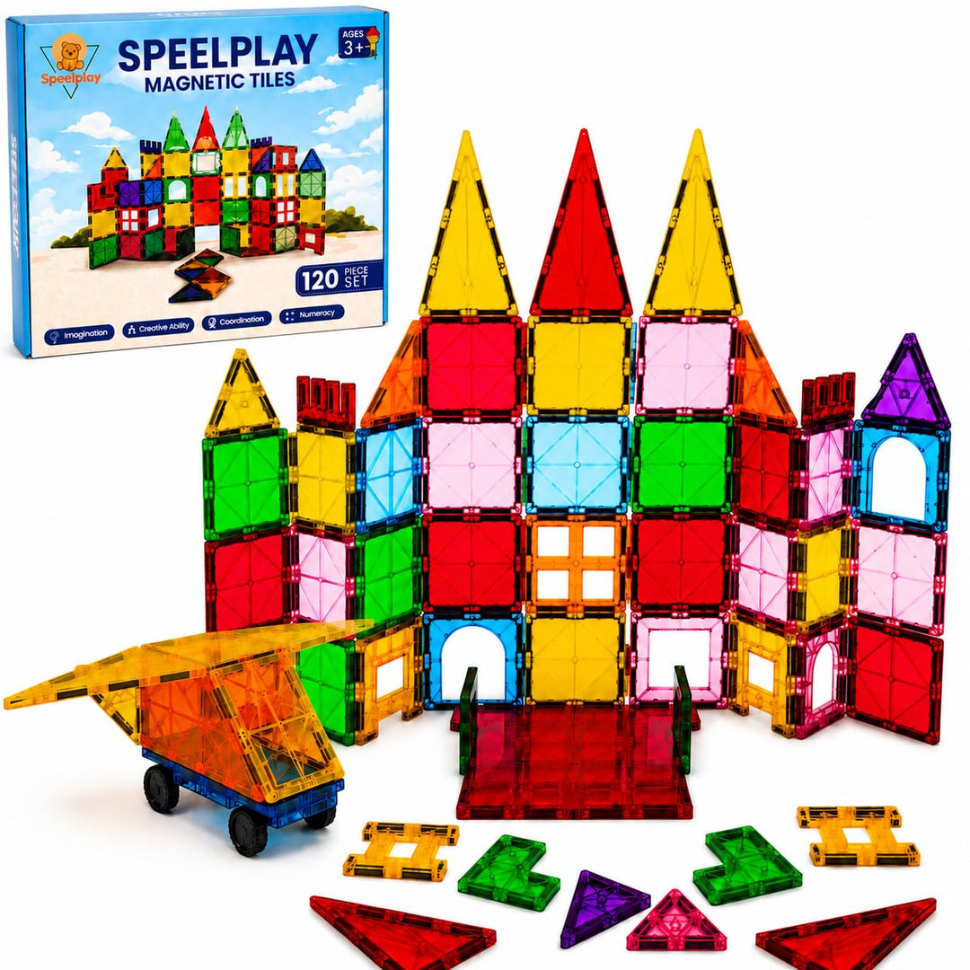 Magnetbausteine 120 PCS Set mit 2 Autos &amp; 4 XL-Basisplatten – STEM-Bauspielzeug für Kinder ab 3 Jahr