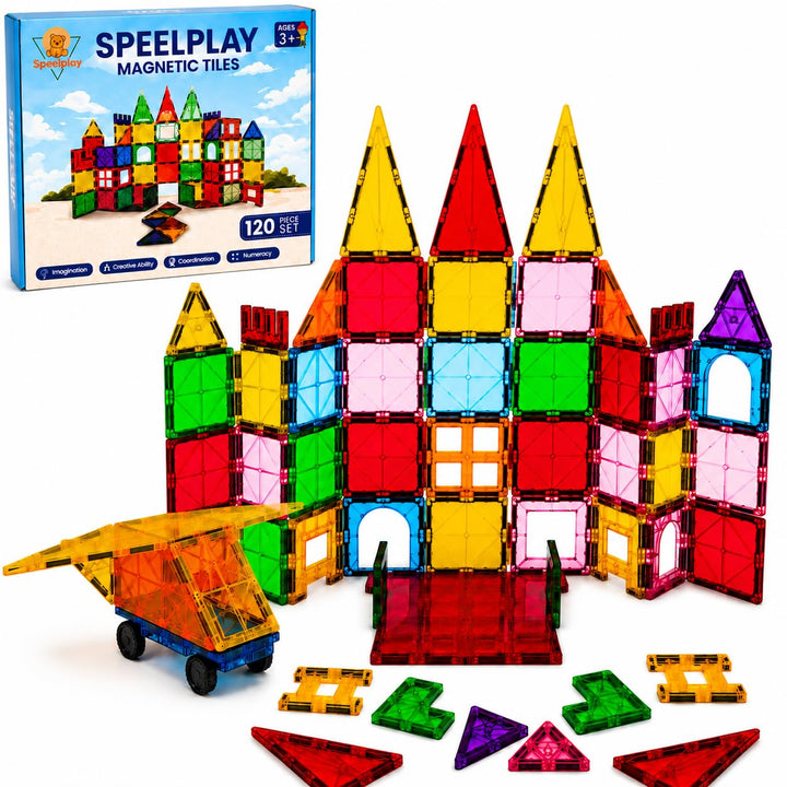 Magnetbausteine 120 PCS Set mit 2 Autos &amp; 4 XL-Basisplatten – STEM-Bauspielzeug für Kinder ab 3 Jahr