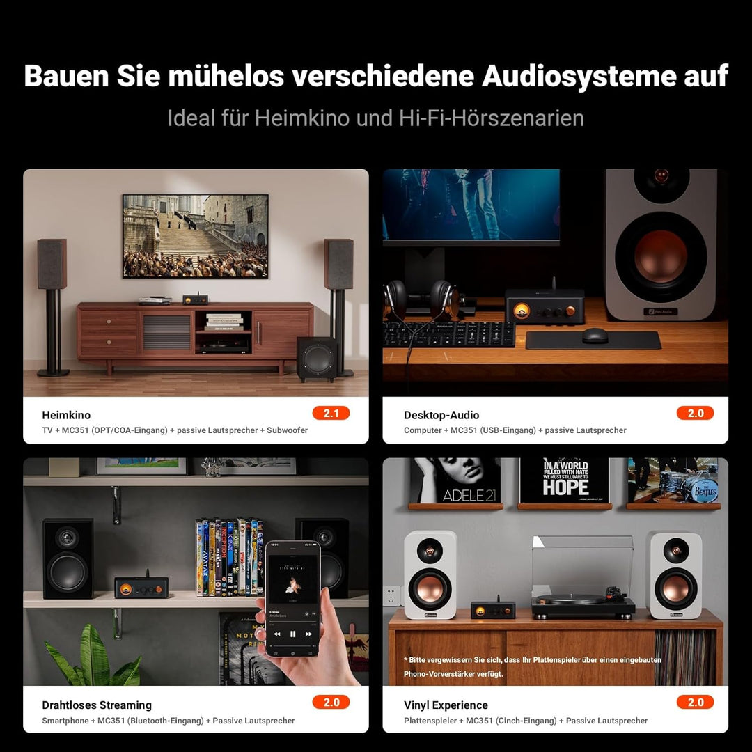 Fosi Audio MC351 2.1 Kanal Vollverstärker mit DAC, Home Audio Stereo Endstufe mit Dual TPA3255 Chips