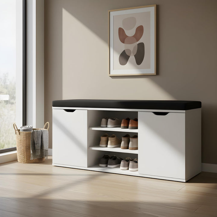 Schuhschrank mit Sitzbank, 103 x 30 x 46 cm, MDF und Polyester Polsterung, Flurbank mit Stauraum, Sc