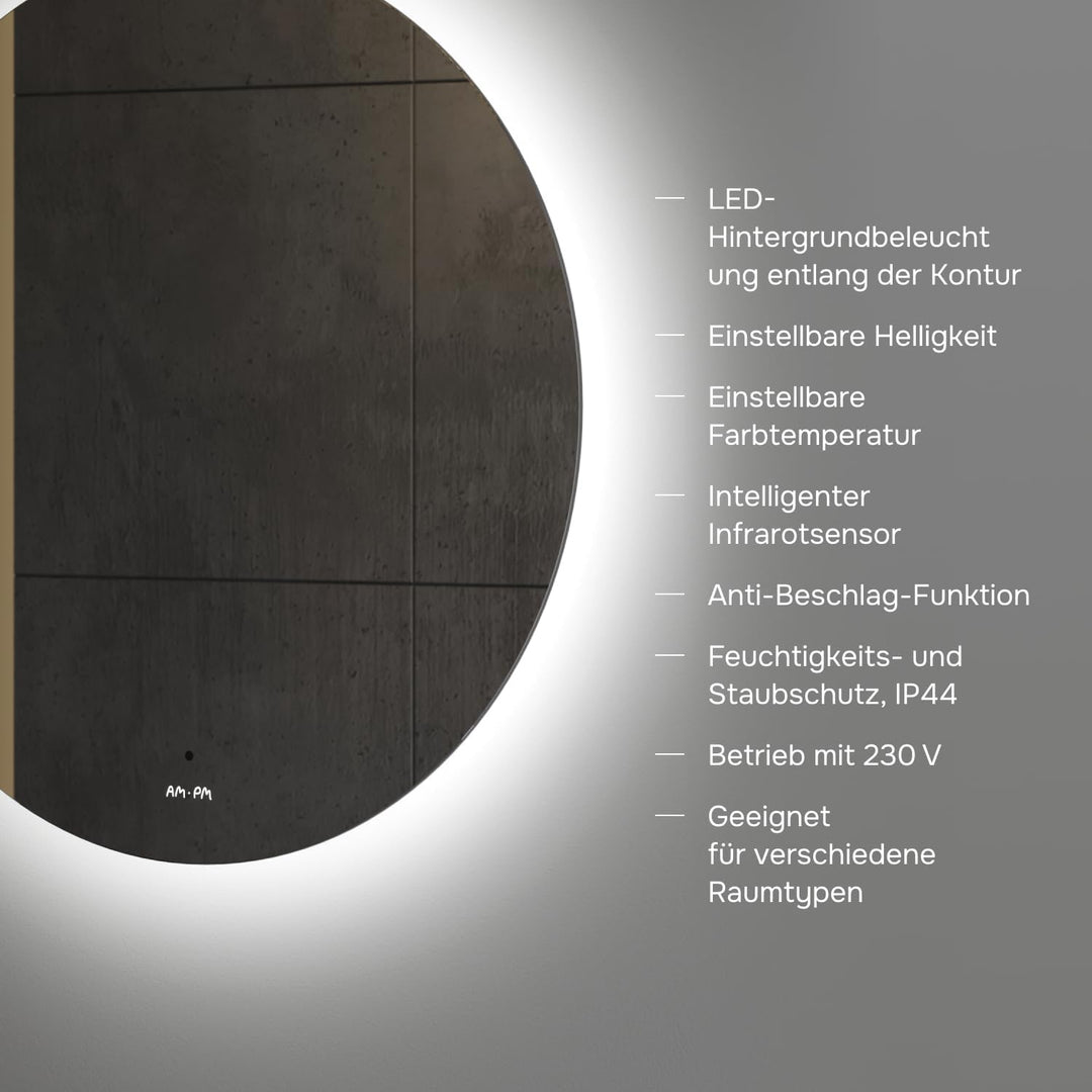 AM.PM Hit – LED Spiegel rund Ø 80 cm mit Beleuchtung | Badspiegel rund dimmbar | Badezimmerspiegel m