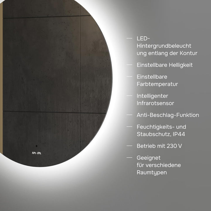 AM.PM Hit – LED Spiegel rund Ø 80 cm mit Beleuchtung | Badspiegel rund dimmbar | Badezimmerspiegel m