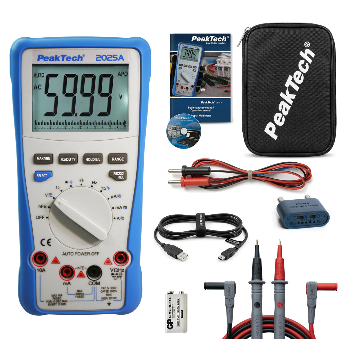 PeakTech 2025 A – True RMS Digital Multimeter, 6.000 Counts, integrierte Datenschnittstelle mit Soft